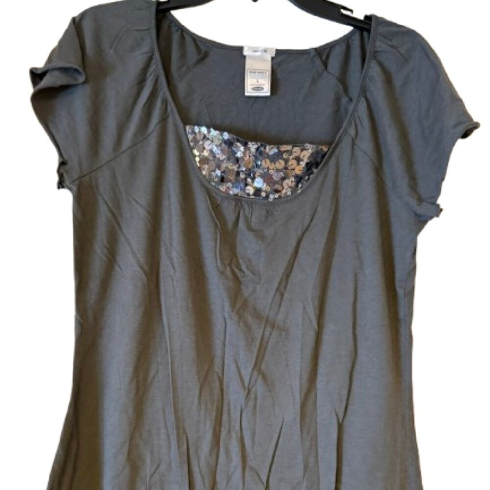 Old Navy Dark Gray Scoop Neck Tee Shirt - Sequin Insert - Large